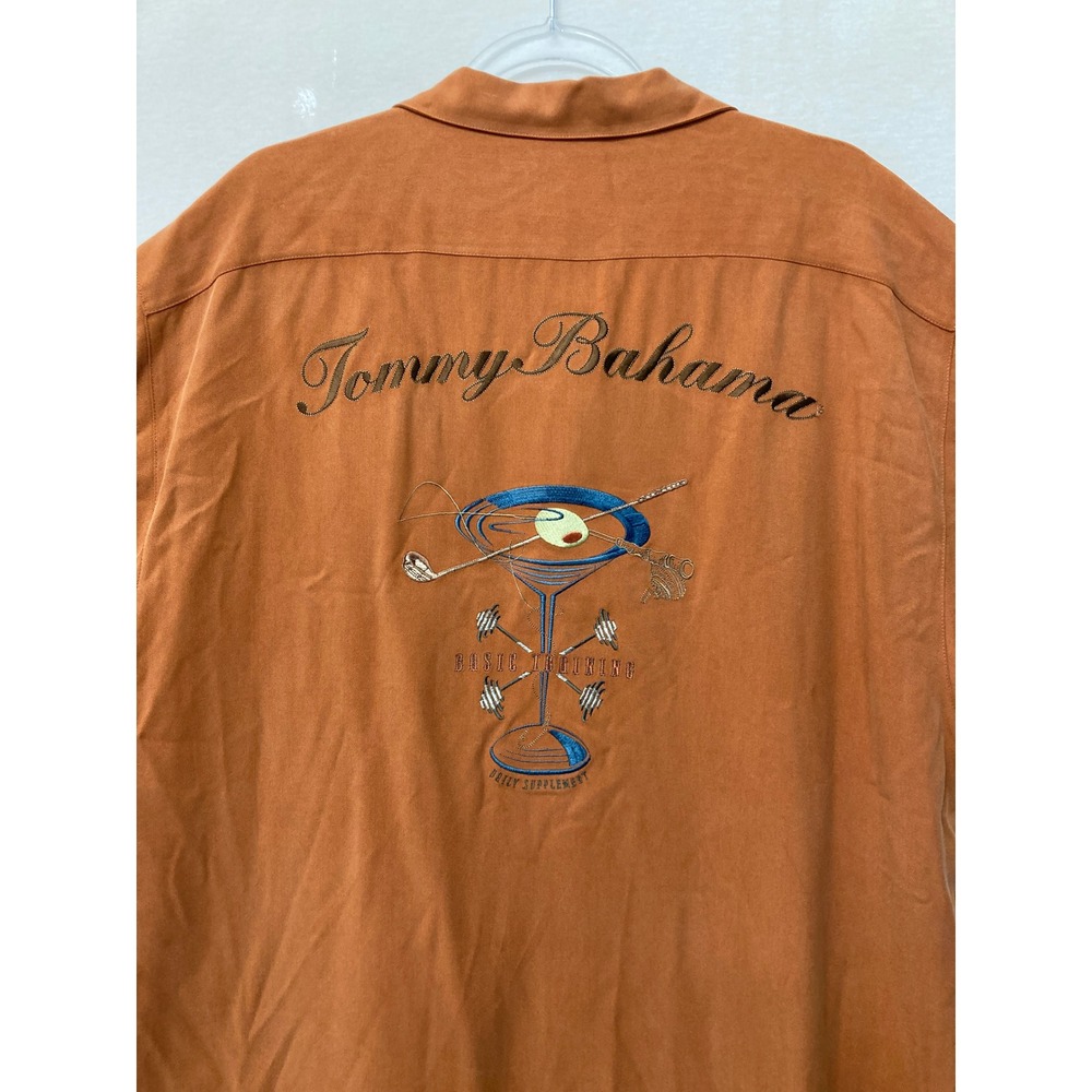Tommy Bahama Silk Shirt Large Orange Martini Embroidered Camp Button Down